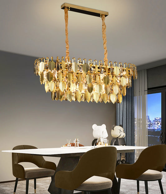 Candelabru Cristal VENARIA 12x E14, Lungime 80cm, Auriu Lucios, Inaltime Reglabil