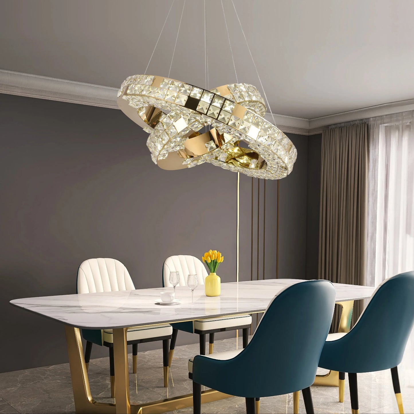 Lustra LED cu Telecomanda, LLC135/2GD, Cristal si Metal, 55W, 2 Cerc, Dimabila, Inaltime Reglabila, Lumina Rece/Calda/Neutra 3000K/4000K/6000K, Iluminat Luxos