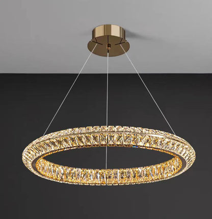 Lustra LED cu Telecomanda, LLC132/500GD, Cristal si Metal, 26W, 1 Cerc, Dimabila, Inaltime Reglabila, Lumina Rece/Calda/Neutra, Iluminat Luxos