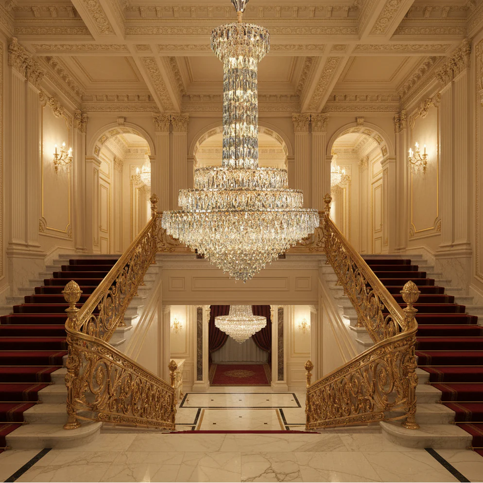 Candelabru Cristal GRAND 87xE14, D138 cm, Auriu, Inaltime Reglabila, Metal si Cristal