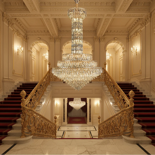 Candelabru Cristal GRAND 87xE14, D138 cm, Auriu, Inaltime Reglabila, Metal si Cristal