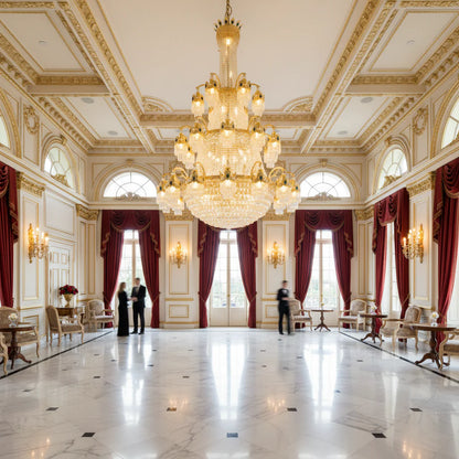 Candelabru Cristal , 61xE14, Diametru 150cm, Inaltime 200cm, Auriu Lucios, Inaltime Reglabila, Design Elegant