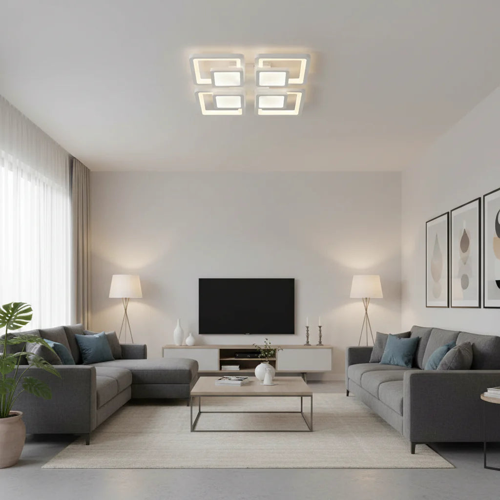Lustra LED cu telecomanda SUSAN, 77W, 4 Patrate, lumina Rece/Calda/Neutra, Dimabila, Alb