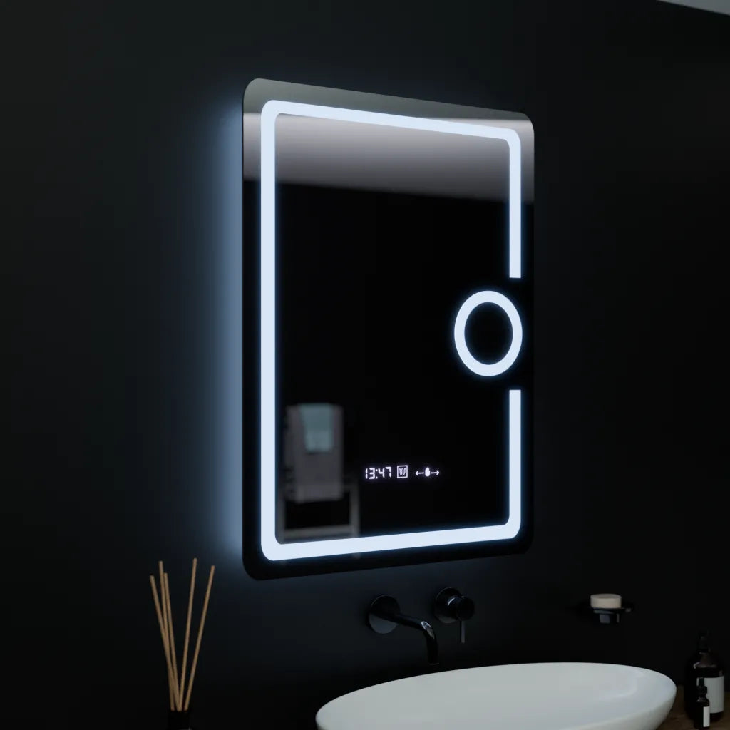 Oglinda LED Rectangulara, 60x80cm, Eclat MotionGlow Marcello, Ceas & Termometru, Sistem Dezaburire, Lupa Cosmetica, Dima