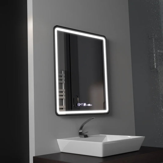 Oglinda LED Touch Favola Sistem Dezaburire Rama Neagra Ceas si Temperatura 75x90 cm Colectia Marcello Funghi