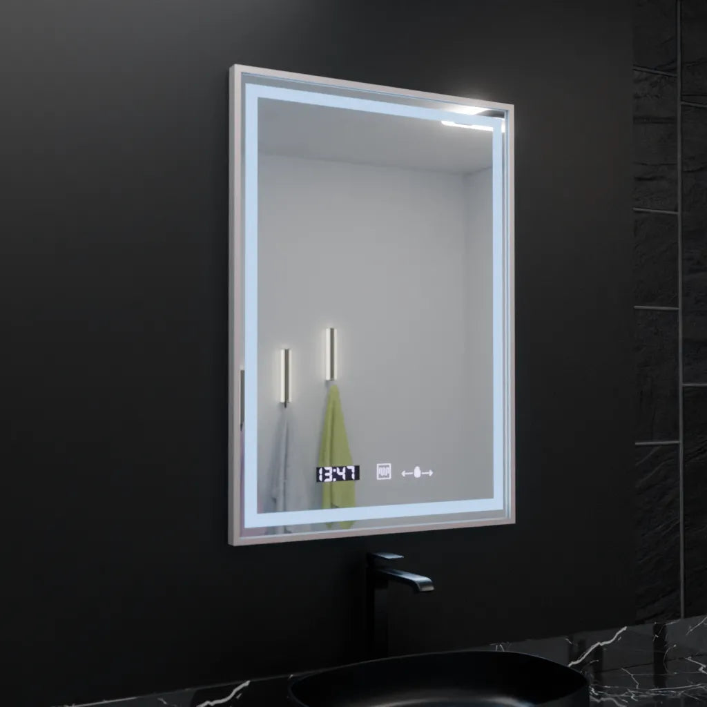 Oglinda LED Rectangulara 60x80 Verite Imperial Silver Motion Glow Marcello, Sistem Dezaburire, Termometru si Ceas, Dimabila