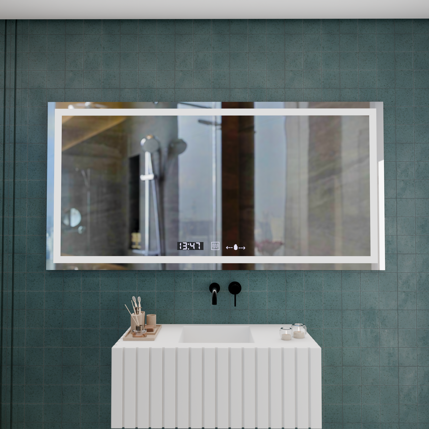 Oglinda LED Rectangulara 120x60cm Verite MotionGlow Marcello, Sistem Dezaburire, Termometru si Ceas, Dimabila