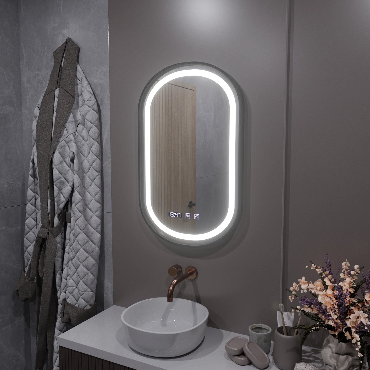 Oglinda LED Senzor Helmut Sistem Dezaburire, Ceas si Temperatura 50x80 cm Rama Negru Brushed Marcello Funghi