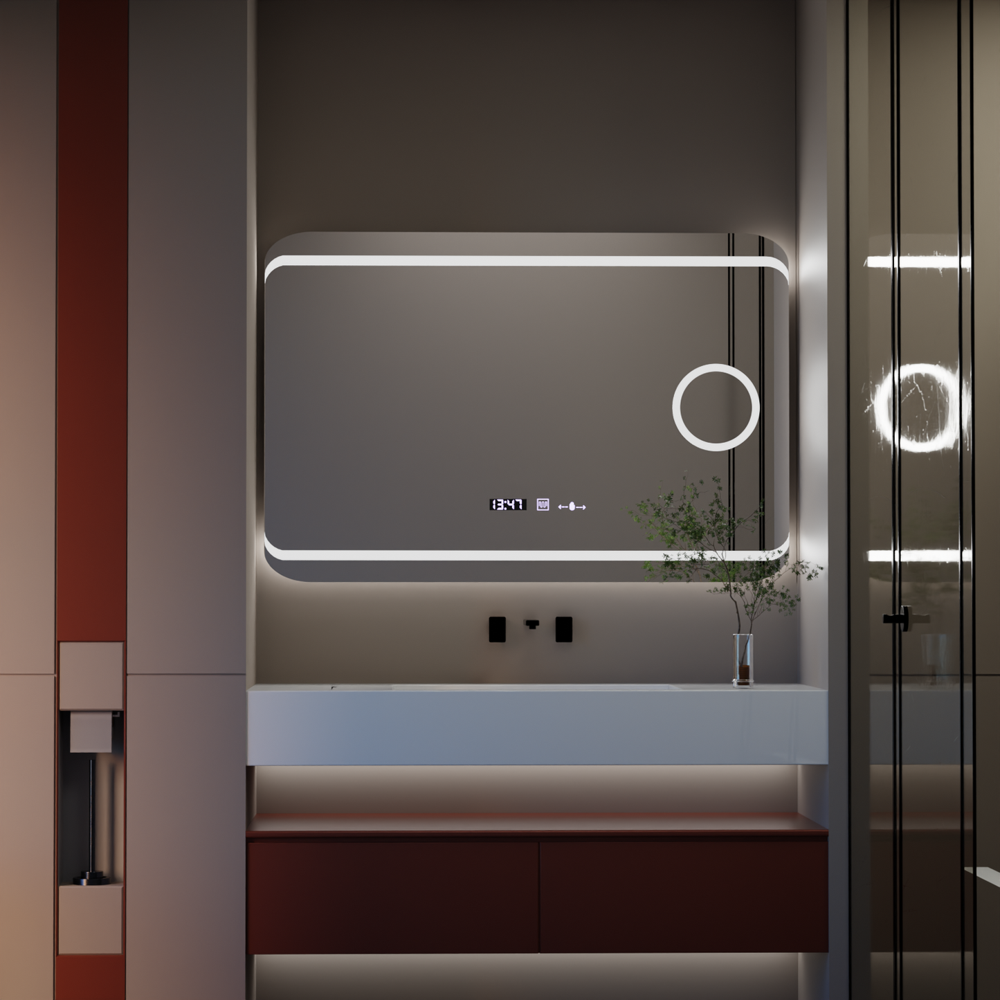 Oglinda LED Rectangulara, 120x80cm, Definition MotionGlow Marcello, Sistem Dezaburire, Ceas & Termometru, Lupa Cosmetica, Dimabila