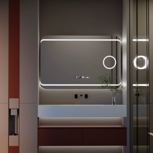 Oglinda LED Rectangulara, 120x80cm, Definition MotionGlow Marcello, Sistem Dezaburire, Ceas & Termometru, Lupa Cosmetica, Dimabila