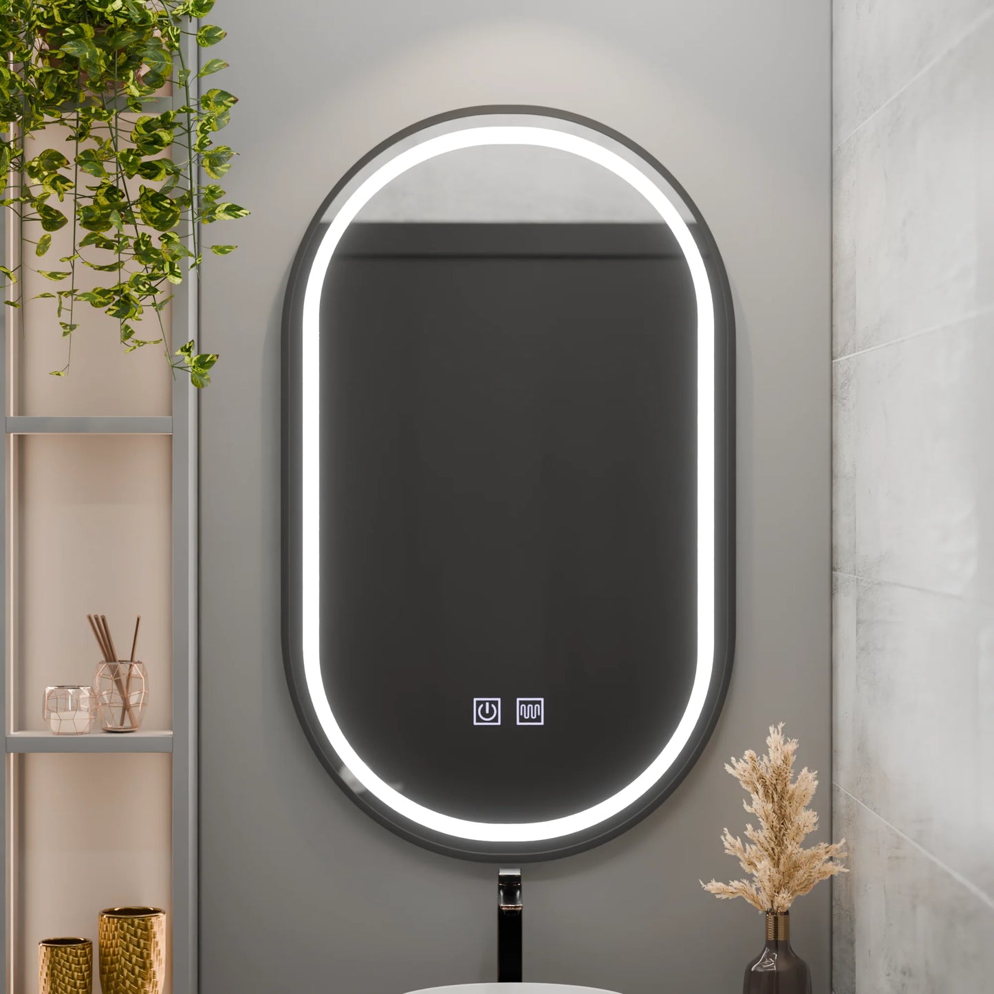 Oglinda LED Ovala 50x100cm VETRO Touch Sistem Dezaburire Dimabila, Rama Neagra