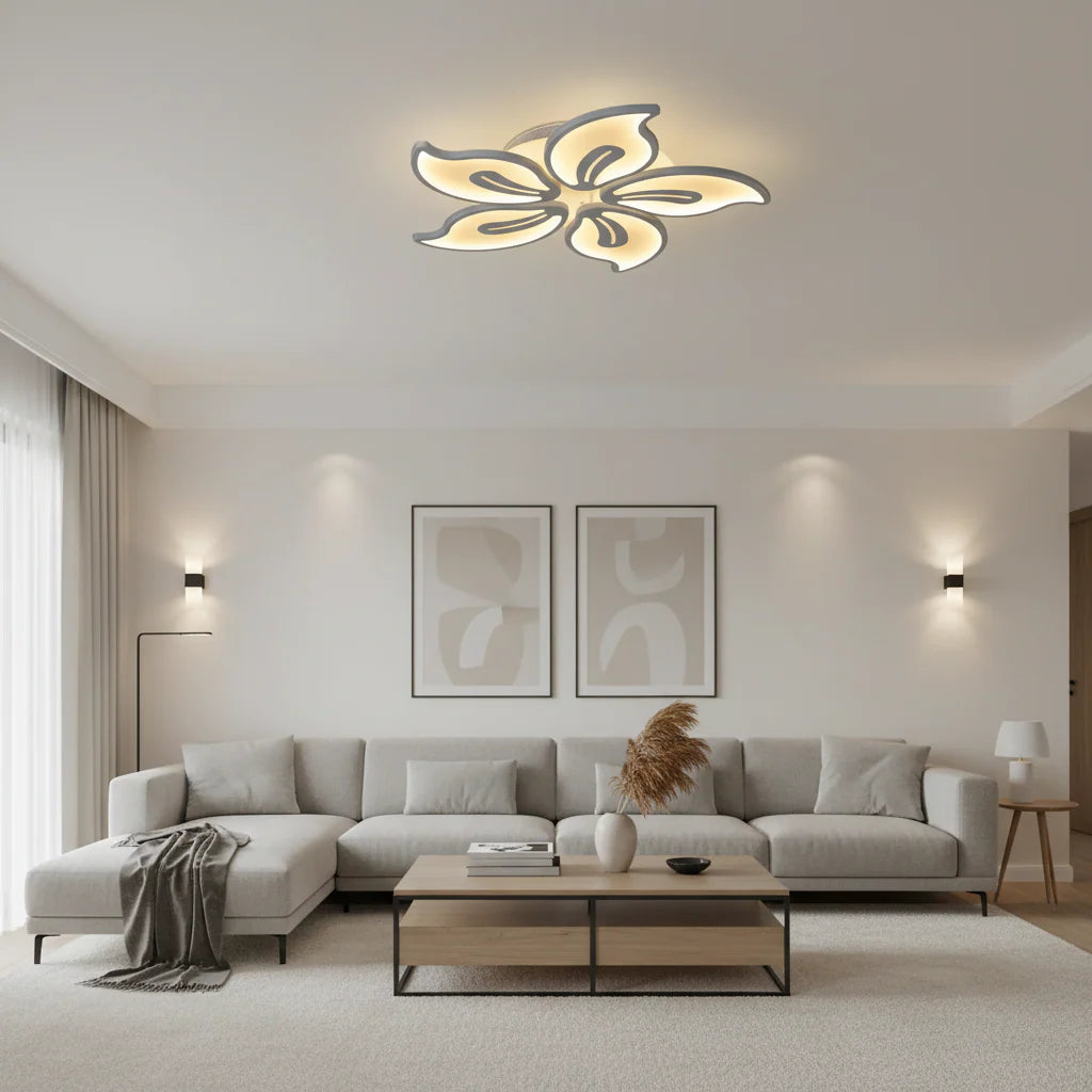 Lustra LED cu Telecomanda JASMINE 73W 5 Petale Lumina Rece/Calda/Neutra Dimabila Alb
