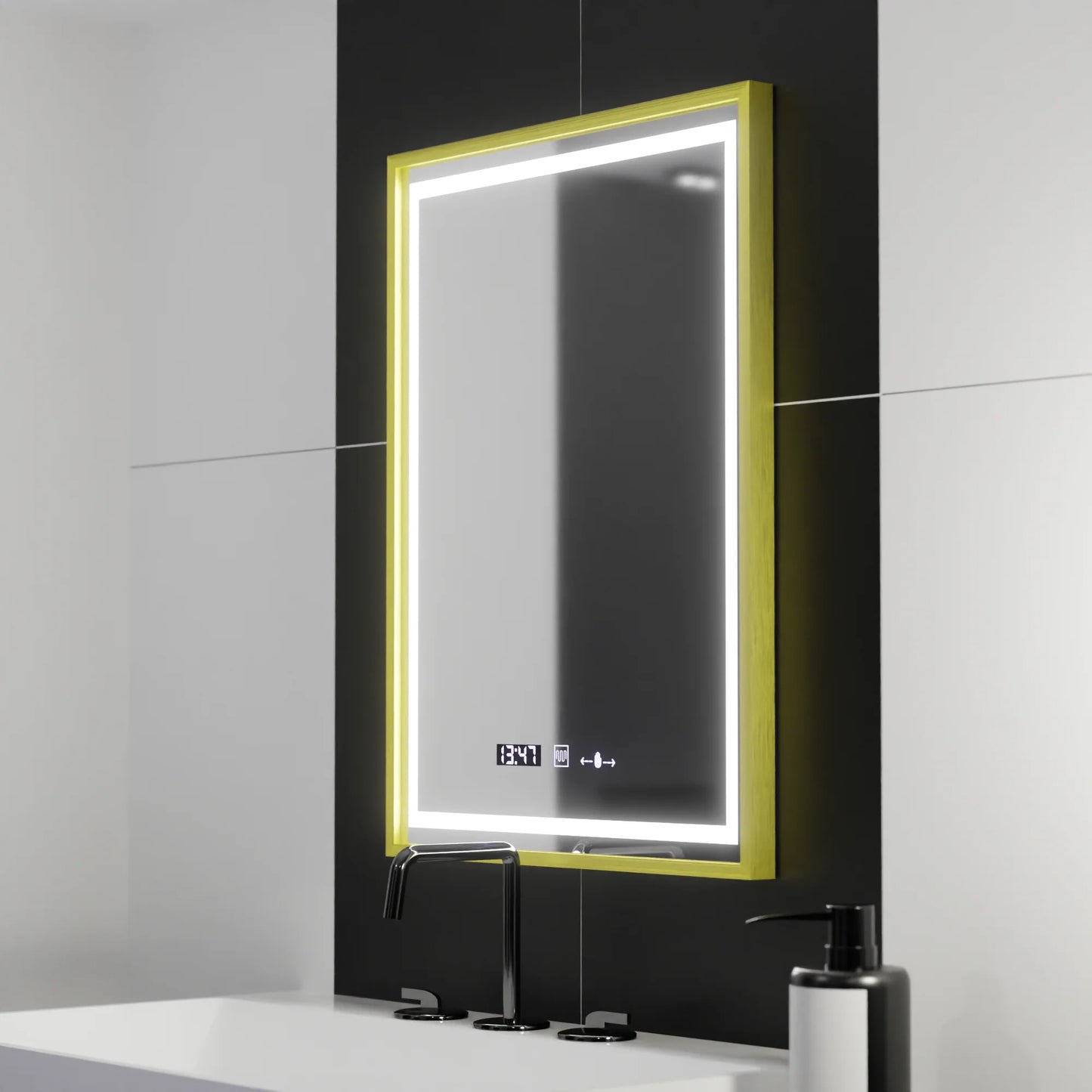 Oglinda LED Rectangulara 50x70 Verite Royale Gold Motion Glow Marcello, Sistem Dezaburire, Termometru & Ceas, Dimabila