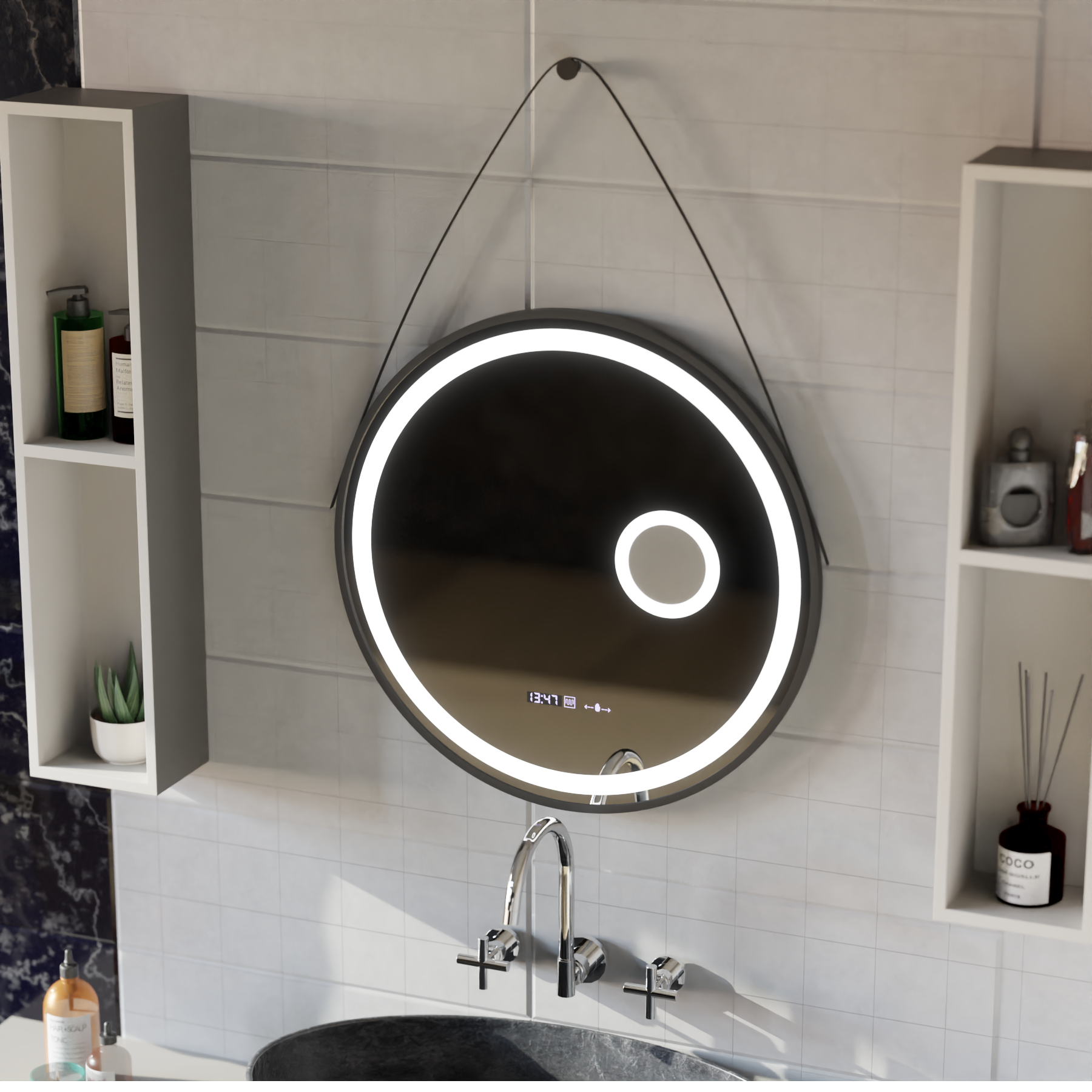 Oglinda LED Senzor MotionGlow Micah Rotunda Diametru 60 cm Lumina Rece/Calda/Neutra Dimabila Sistem Dezaburire Termometru Ceas si Lupa Cosmetica Rama Negru Periat cu Curea Piele Ecologica Marcello Funghi
