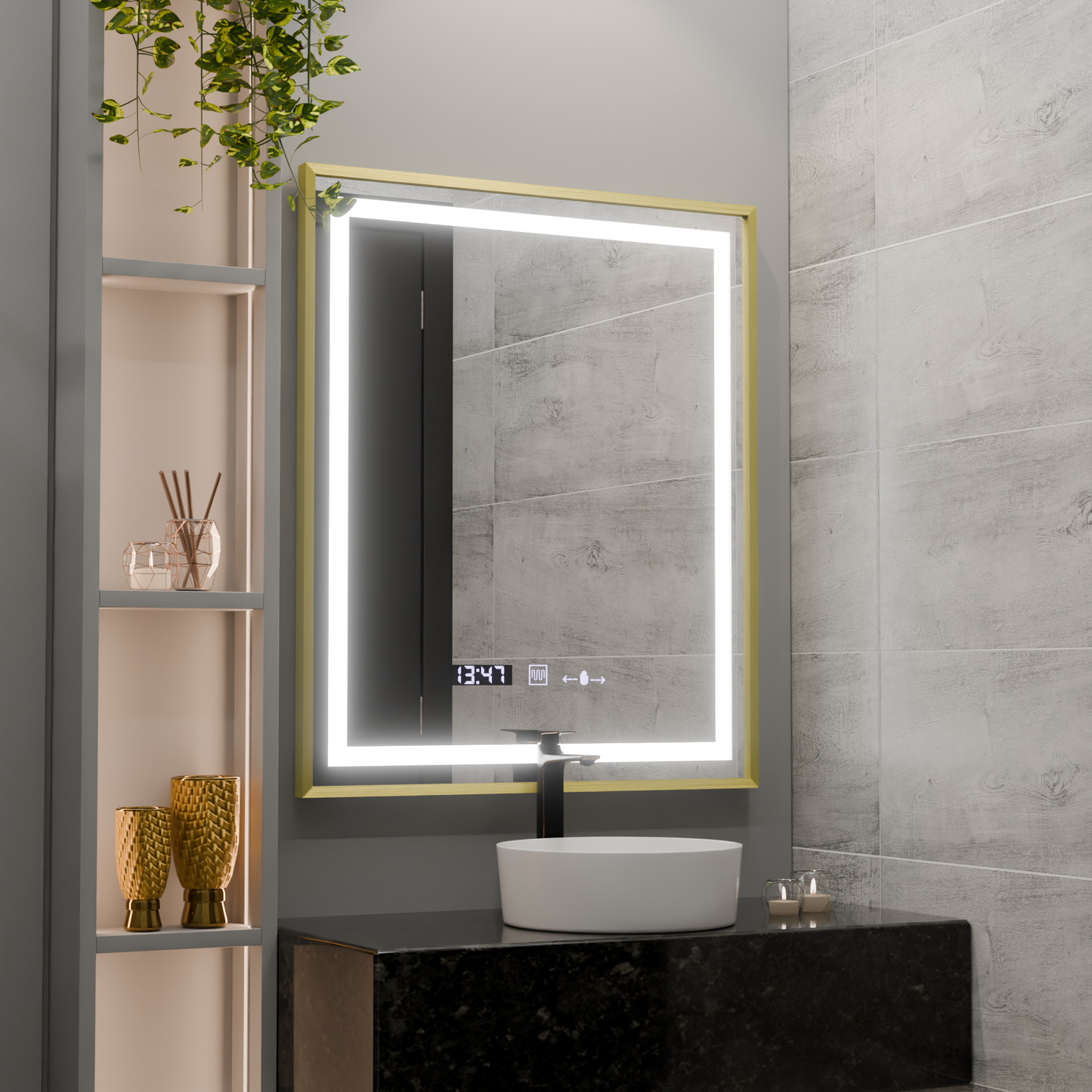 Oglinda LED Rectangulara 75x90 Verite Royale Gold MotionGlow Marcello, Sistem Dezaburire, Termometru si Ceas, Dimabila