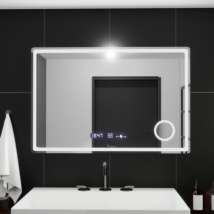 Oglinda LED Rectangulara, 90x60cm, Velour MotionGlow Marcello, Sistem Dezaburire, Ceas & Termometru, Lupa Cosmetica, Dimabila