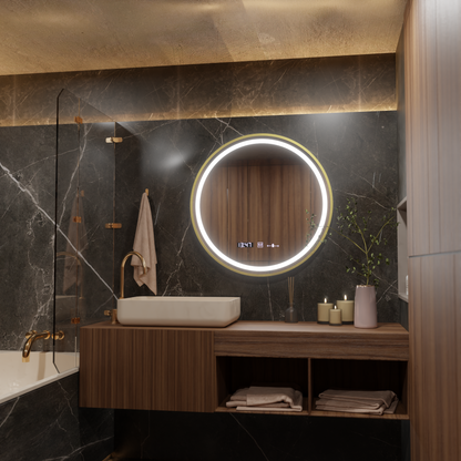 Oglinda LED Rotunda, 60cm, Celeste Royale Gold MotionGlow Marcello, Sistem Dezaburire, Ceas & Termometru, Dimabila – ogl