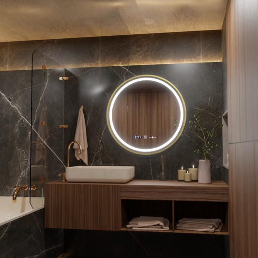 Oglinda LED Rotunda, 60cm, Celeste Royale Gold MotionGlow Marcello, Sistem Dezaburire, Ceas & Termometru, Dimabila – ogl