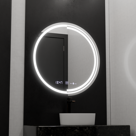 Oglinda LED Senzor MotionGlow Consuel Sistem Dezaburire Termometru si Ceas Rotunda Diametru 60 cm Lumina Rece/Calda/Neutra Dimabila Colectia Marcello Funghi