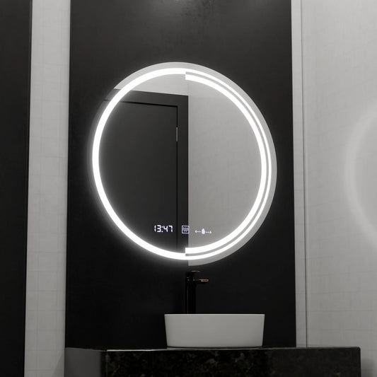 Oglinda LED Senzor MotionGlow Consuel Sistem Dezaburire Termometru si Ceas Rotunda Diametru 60 cm Lumina Rece/Calda/Neutra Dimabila Colectia Marcello Funghi