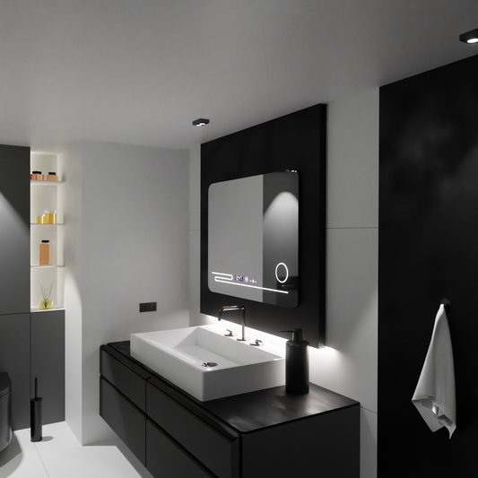 Oglinda LED Rectangulara, 80x60cm, Harmonie MotionGlow Marcello, Sistem Dezaburire, Termometru si Ceas, Lupa Cosmetica,