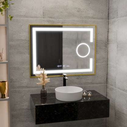 Oglinda LED Rectangulara, 80x60cm, Eclat MotionGlow Marcello, Sistem Dezaburire, Ceas & Termometru, Lupa Cosmetica, Dimabila, Rama Auriu Brushed