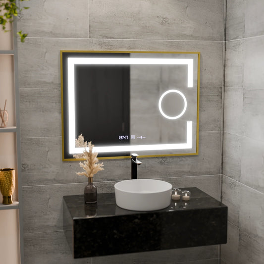 Oglinda LED Rectangulara, 80x60cm, Eclat MotionGlow Marcello, Sistem Dezaburire, Ceas & Termometru, Lupa Cosmetica, Dimabila, Rama Auriu Brushed