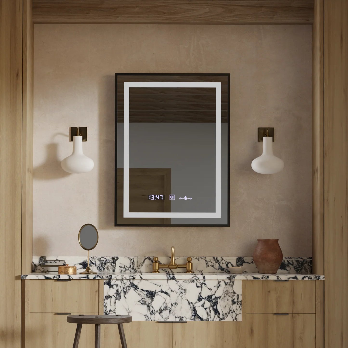 Oglinda LED Rectangulara, 50x70cm, Verite Majeste Noir Motion Glow Marcello, Sistem Dezaburire, Ceas & Termometru, Dimabila