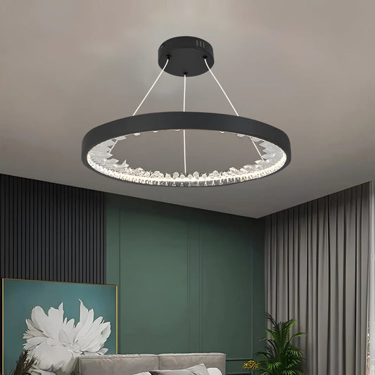 Lustra LED suspendata cu telecomanda, Cristale K9, 44W, 1 Cerc, lumina Rece/Calda/Neutra, Dimabila, Negru, Inaltime Reglabila