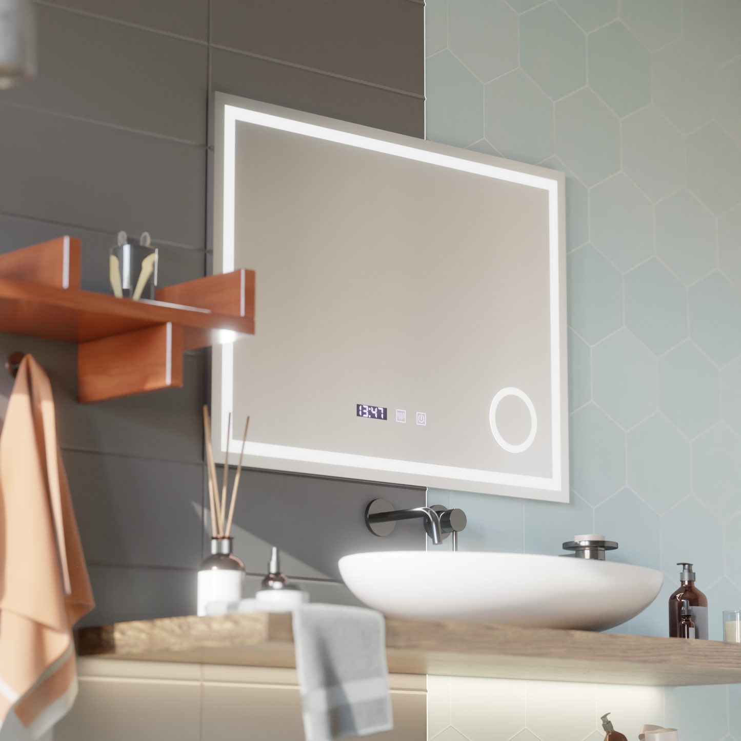 Oglinda LED Touch NIVERA Sistem Dezaburire, Ceas si Temperatura 80x60 cm Lupa Cosmetica