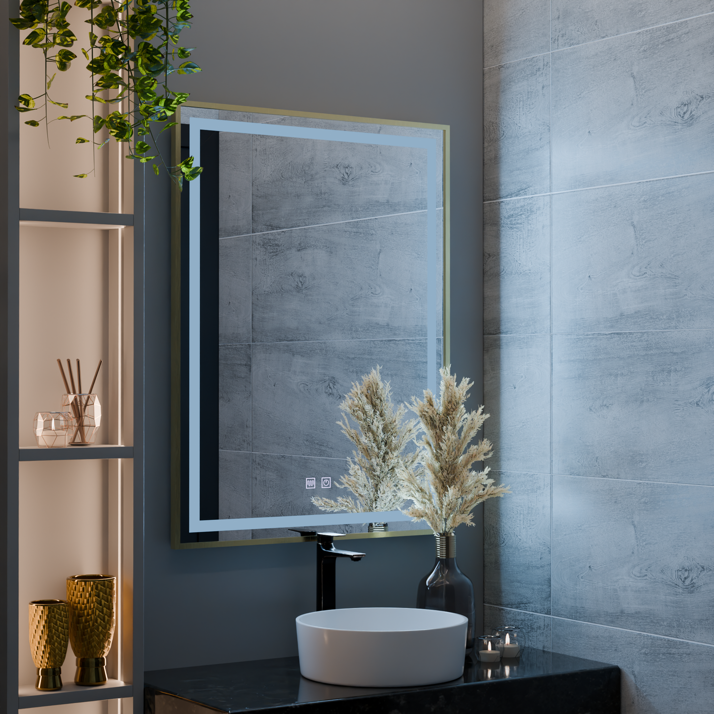 Oglinda LED Touch Kalahiri, 60x80 cm, functie Dezaburire, Rama Auriu Brushed, E10S/60X80 – oglindă LED, culoare aurie, 6