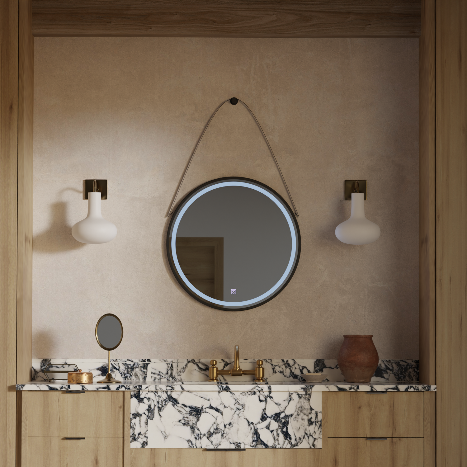 Oglinda LED Rotunda 60cm Rama Neagra, Suspendata Basic Touch