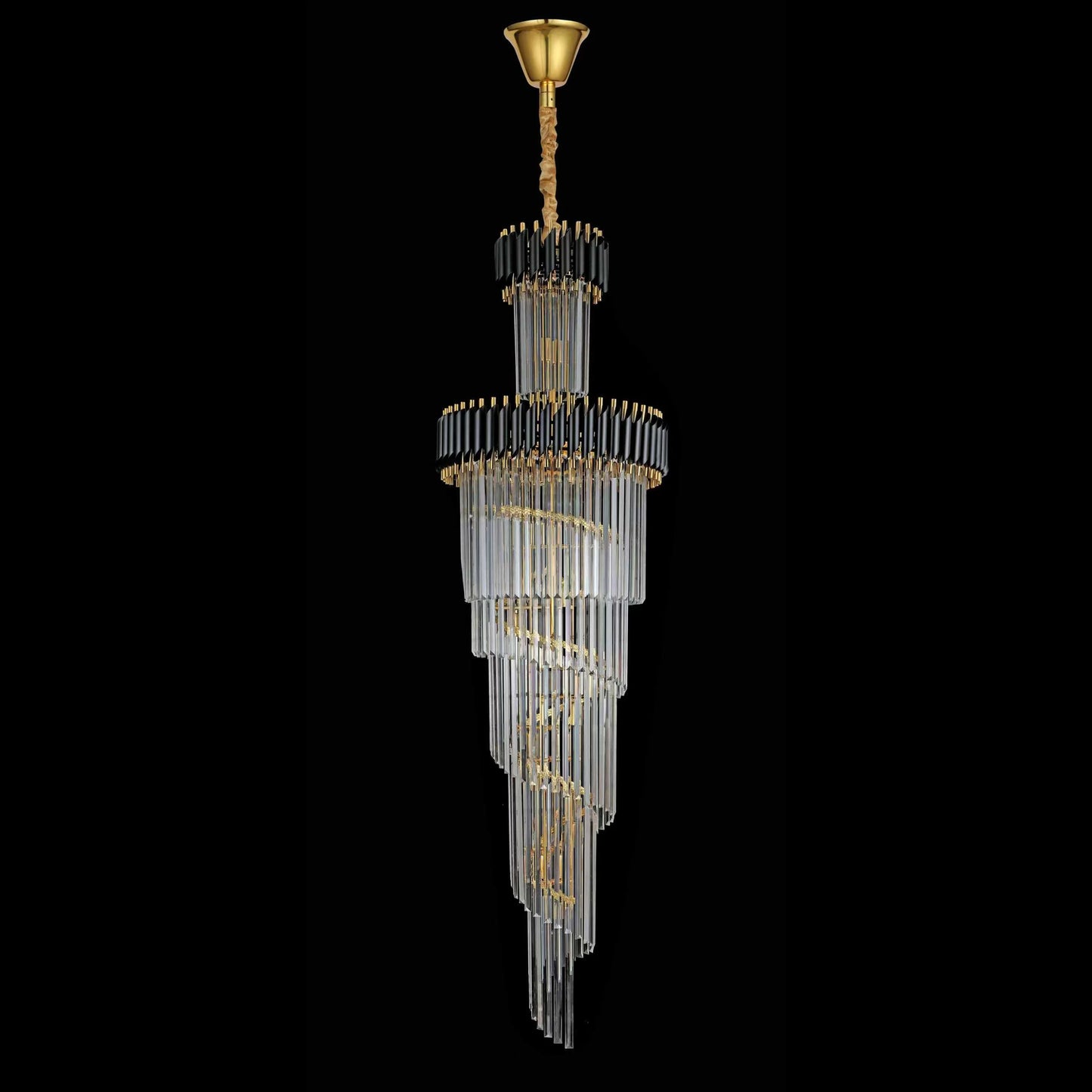 Candelabru Cristal CC900/700X2200, 34xE14, Diametru 70cm, Inaltime 220cm, Auriu Lucios si Negru, Inaltime Reglabila, Design Elegant