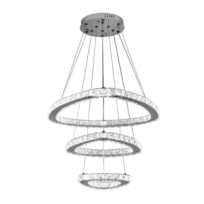 Lustra LED suspendata cu telecomanda si cristal LLC131/3CH 61W, 3 Cercuri, lumina Rece/Calda/Neutra, Dimabila, Crom Lucios, Inaltime Reglabila