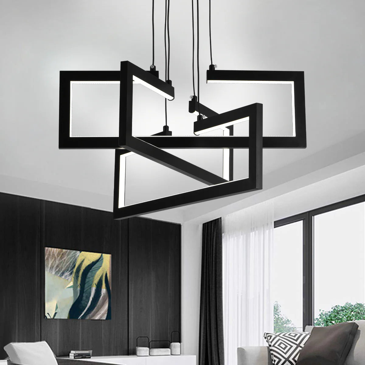 Lustra LED cu telecomanda ,Suspendata 73W, 3 Elemente, lumina Rece/Calda/Neutra, Dimabila, Inaltime Reglabila, Negru