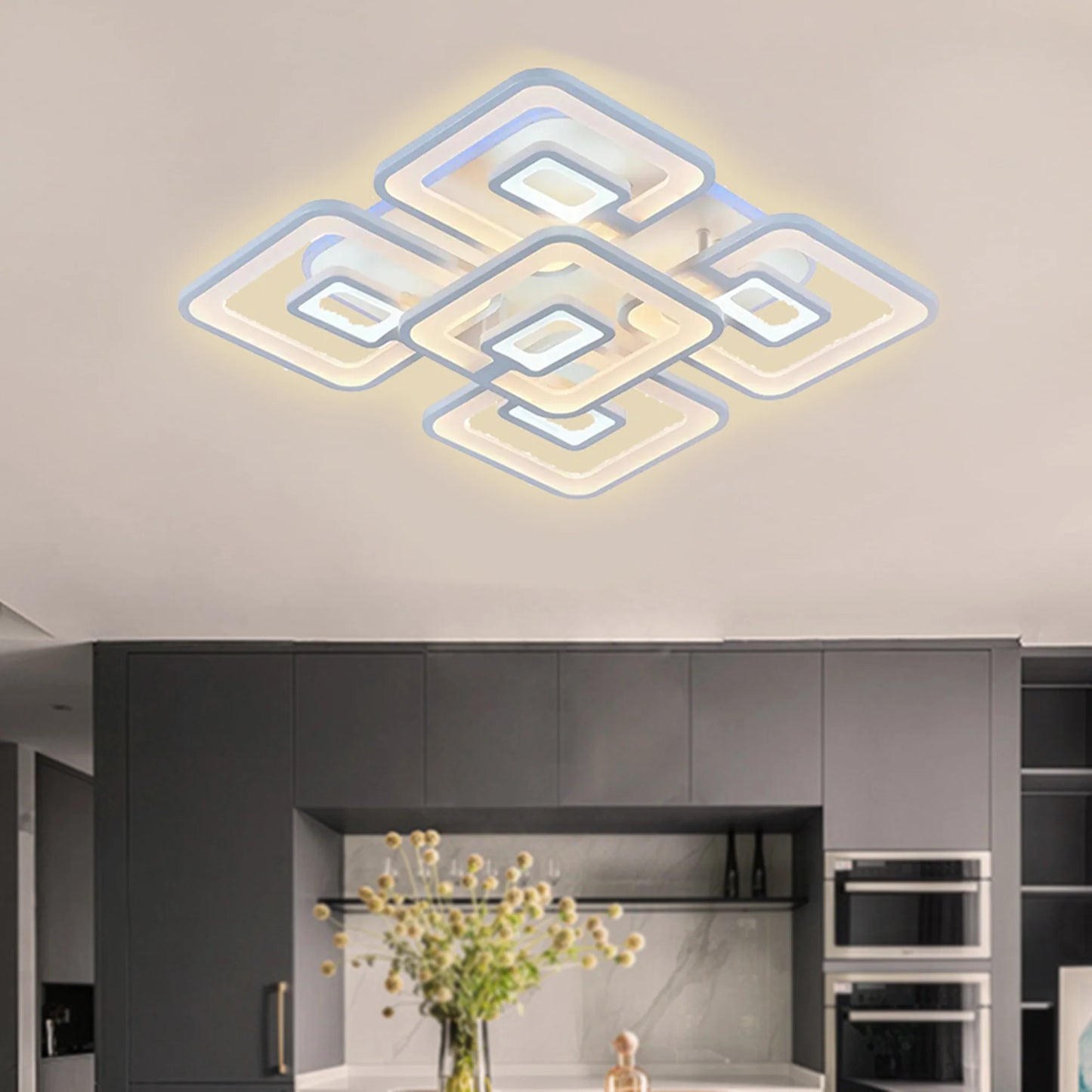 Lustra LED cu telecomanda FELIX, 107W, 5 Patrate, lumina Rece/Calda/Neutra, Dimabila, Alb