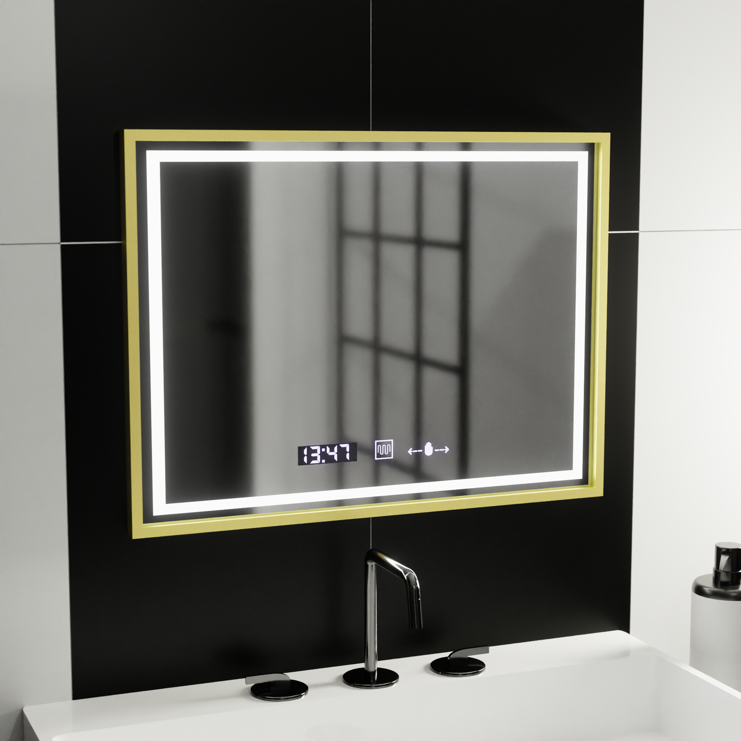 Oglinda LED Rectangulara 80x60 Verite Royale Gold MotionGlow Marcello, Sistem Dezaburire, Termometru si Ceas, Dimabila