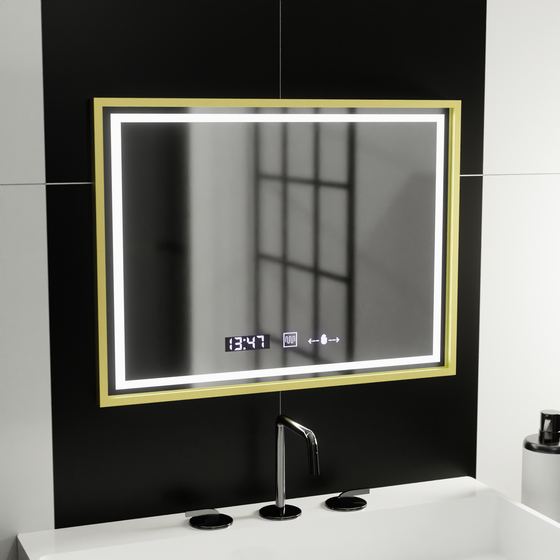 Oglinda LED Rectangulara 80x60 Verite Royale Gold MotionGlow Marcello, Sistem Dezaburire, Termometru si Ceas, Dimabila