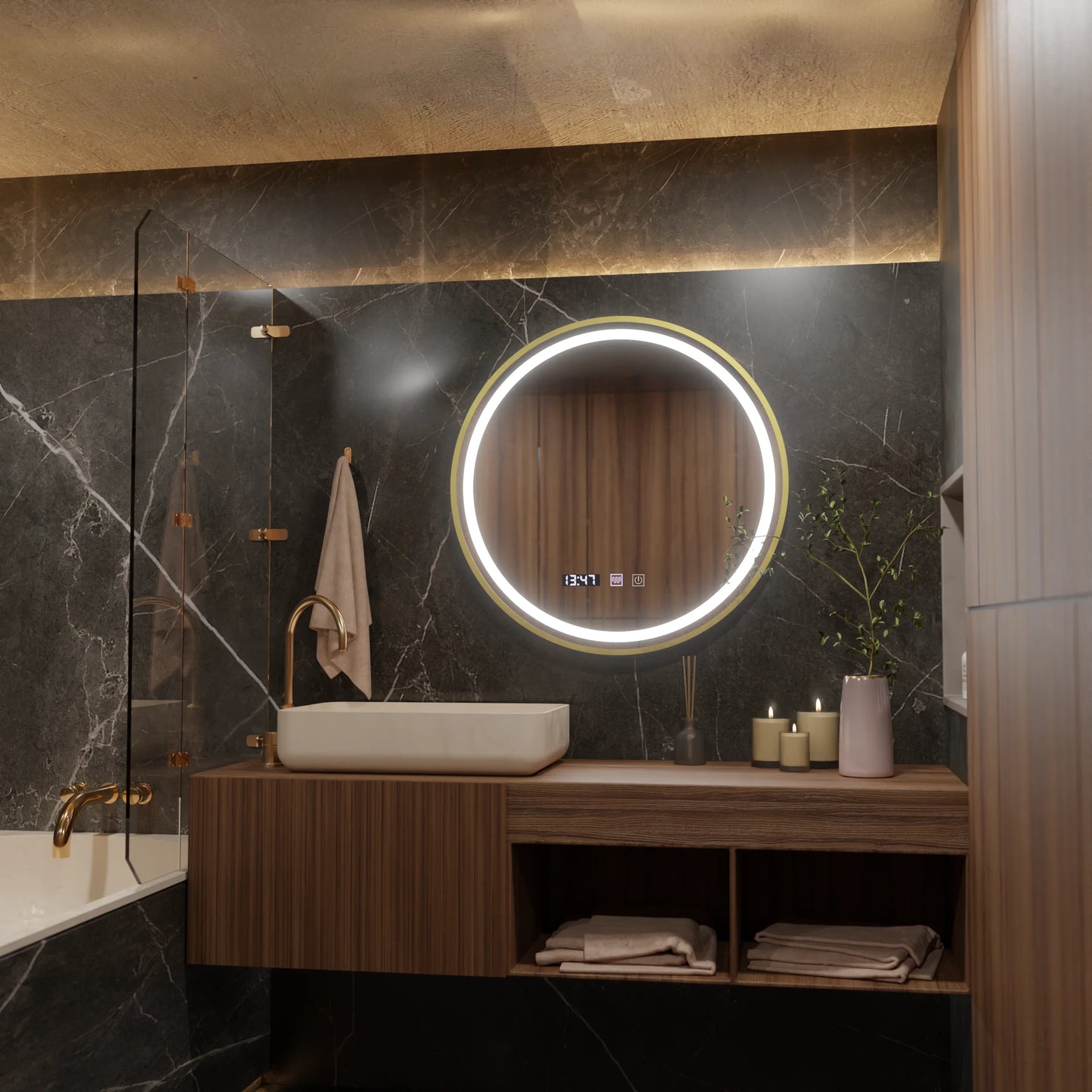 Oglinda LED Touch LUSSO Sistem Dezaburire, Ceas si Temperatura, 70 cm, rama Auriu Brushed