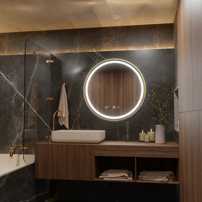 Oglinda LED Touch LUSSO Sistem Dezaburire, Ceas si Temperatura, 70 cm, rama Auriu Brushed