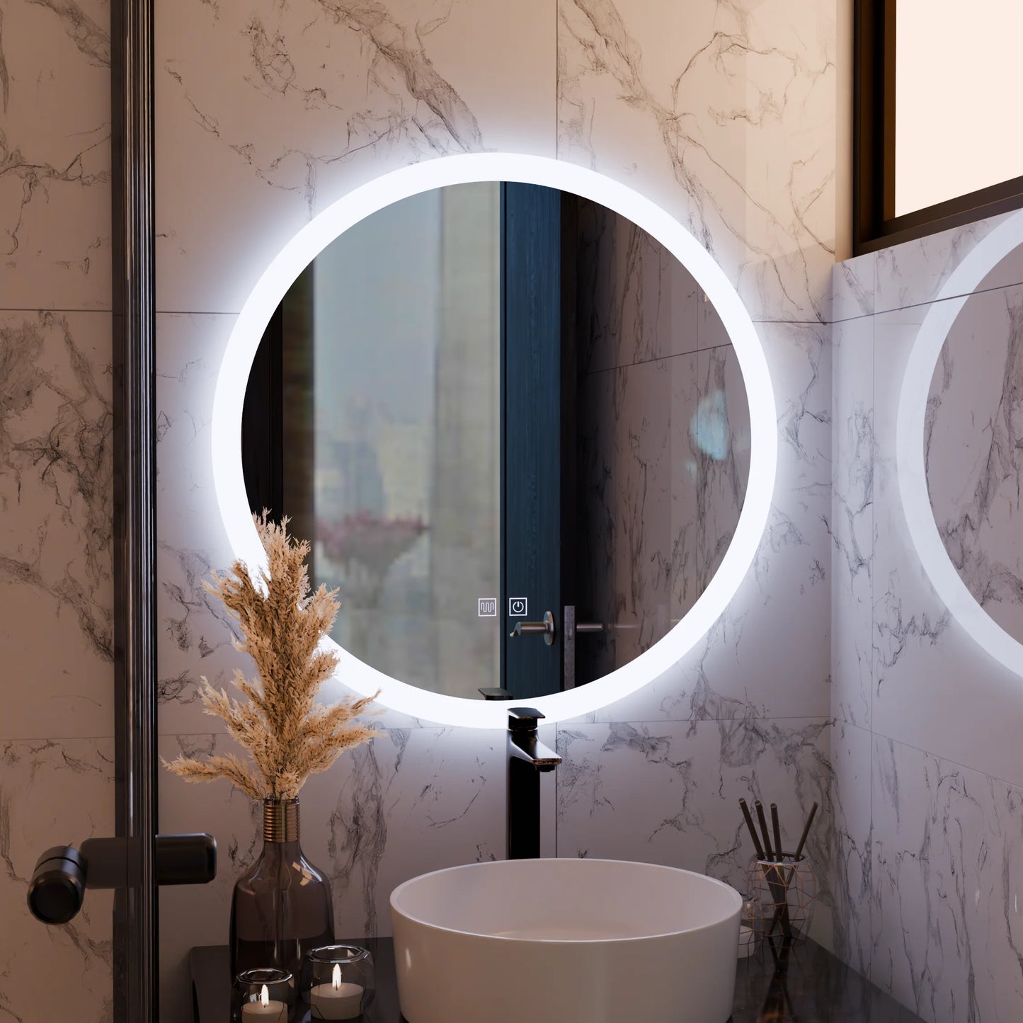 Oglinda LED Rotunda, 50cm, Noxia Touch, Sistem Dezaburire, Dimabila