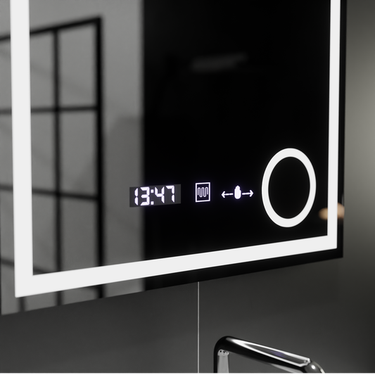 Oglinda LED Rectangulara, 60x60cm, Souverain MotionGlow Marcello, Sistem Dezaburire, Ceas & Termometru, Lupa Cosmetica, Dimabila