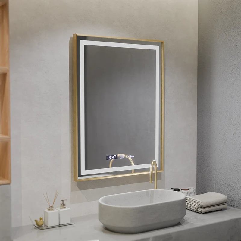 Oglinda LED Rectangulara 60x80 – Verite Royale Gold MotionGlow Marcello, Sistem Dezaburire, Termometru si Ceas, Dimabila