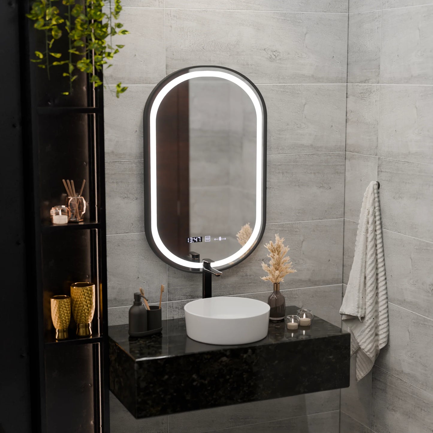 Oglinda LED Touch Helmut, Sistem Dezaburire, Ceas si Temperatura 45x90 cm, Rama Negru, Brushed Marcello Funghi