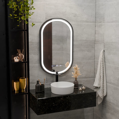 Oglinda LED Touch Helmut, Sistem Dezaburire, Ceas si Temperatura 45x90 cm, Rama Negru, Brushed Marcello Funghi