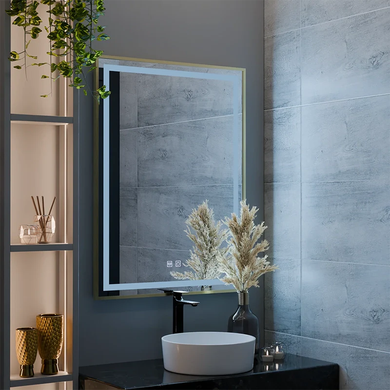 Oglinda LED Touch Kalahiri, 60x80 cm, functie Dezaburire, Rama Auriu Brushed, E10S/60X80