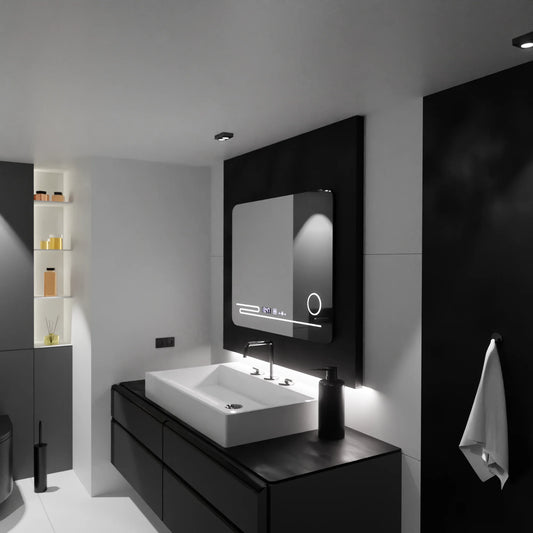 Oglinda LED Rectangulara, 80x60cm, Harmonie MotionGlow Marcello, Sistem Dezaburire, Termometru si Ceas, Lupa Cosmetica, Dimabila