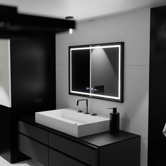 Oglinda LED Rectangulara, 120x80cm, Raggio Motion Glow Marcello, Sistem Dezaburire, Termometru si Ceas, Dimabila