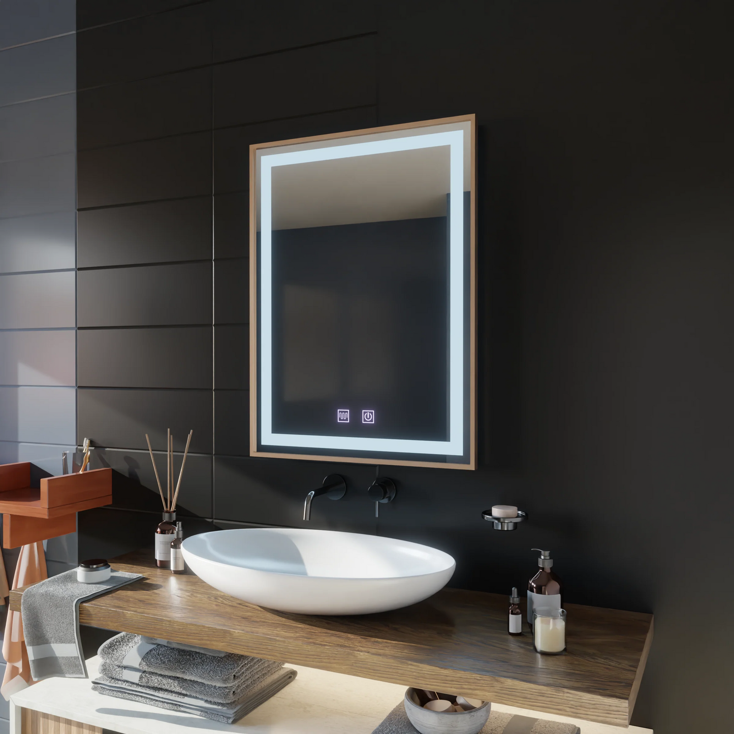 Oglinda LED Touch Kariri, 60x80 cm, functie Dezaburire, Rama Gold Rose Brushed