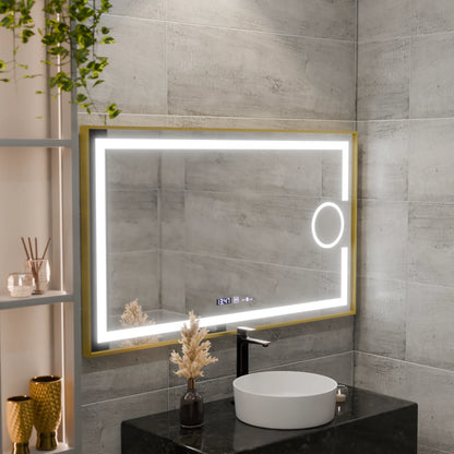 Oglinda LED Rectangulara, 120x80cm, Eclat MotionGlow Marcello, Sistem Dezaburire, Ceas & Termometru, Lupa Cosmetica, Dimabila, Rama Auriu Brushed